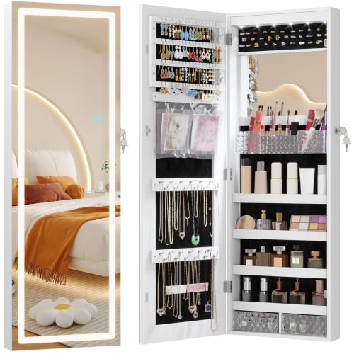 42.5" Wall Mounted Jewelry Organizer with LED Mirror, White | Lockable Jewelry Cabinet for 30 Ring Slots, 96 Earring and 20 Necklace Hooks, Gift for Women, Girls - color: White-1