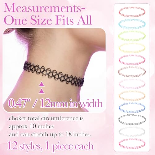 PAGOW Tattoo Choker Set, Stretchy 90s Choker Necklace, Adjustable Retro Y2K Gothic Grunge Chokers Jewelry Accessories - color: 12 Colors-a,12 Pcs