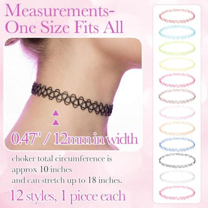 PAGOW Tattoo Choker Set, Stretchy 90s Choker Necklace, Adjustable Retro Y2K Gothic Grunge Chokers Jewelry Accessories - color: 12 Colors-a,12 Pcs