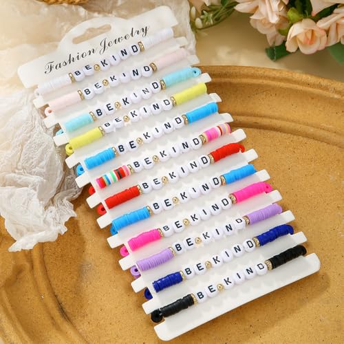 Heishi Surfer Clay Bead Bracelets Set for Women - Preppy Smile Evil Eye Beaded Stretch Bracelets Elastic Layering Friendship Bracelets- Stackable Boho Disc Summer Jewelry Set - color: 12PC-BE KIND