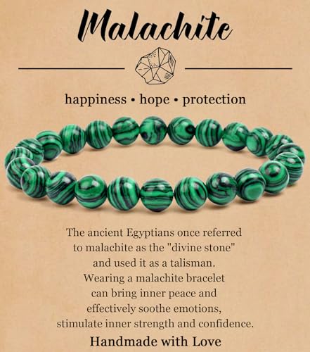BOMAIL Natural Stone Beaded Bracelet for Women Men | 8mm Round Beads,Healing Crystal,Semi-Precious Gemstone,Yoga,Stretch,Bracelets Jewelry Gift - color: Malachite