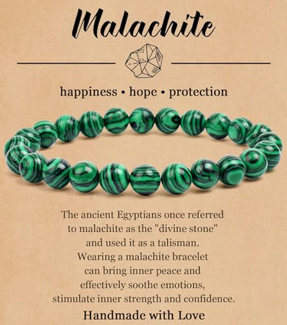 BOMAIL Natural Stone Beaded Bracelet for Women Men | 8mm Round Beads,Healing Crystal,Semi-Precious Gemstone,Yoga,Stretch,Bracelets Jewelry Gift - color: Malachite