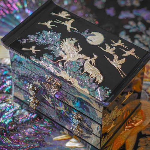 February Mountain Mother of Pearl Wooden Jewelry Organizer Box – Jewelry Storage Box for Women, Features Spacious Drawers, Ideal for Rings, Bracelets, Watches, Chains, Accessories (Crane_Black) - style: Crane_Black