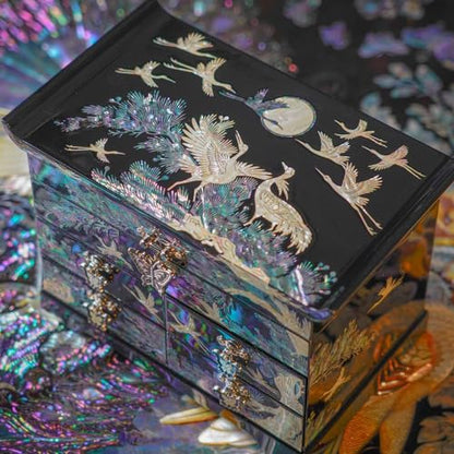 February Mountain Mother of Pearl Wooden Jewelry Organizer Box – Jewelry Storage Box for Women, Features Spacious Drawers, Ideal for Rings, Bracelets, Watches, Chains, Accessories (Crane_Black) - style: Crane_Black