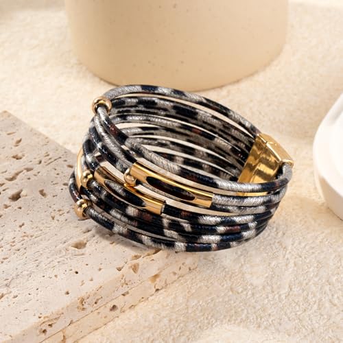 Wrapped Bracelets for Women,Leather Boho Bracelets for Women - color: Leopardprint-Silvergray