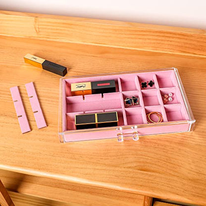 Acrylic Jewelry Organizer Earring Organizer Box with 5 Drawers Earring Holder Organizer with Velvet Trays Clear Jewelry Box for Women Earring Display for Rings StudsPink | 61 Jewelry Storage Grid for Rings Studs Bracelet,Velvet Lining,Transparent Appearan