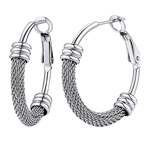 ChainsHouse 30/40/60/80mm Hoop Earrings for Women,Chunky Earrings in 18K Gold Plated/Silver/Black,Minimalist Jewelry Round Tube Hoops Fits Sensitive Ears|Hypoallergenic&Waterproof,with Gift Box - color: B:steel-mesh tube, size: 30MM