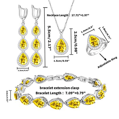 LMXXVJ Necklace Long Earrings Bracelet Set, White Gold Plated Created Blue Sapphire Jewelry Set Wedding Party Gift Jewelry for Women Bridal Bridesmaid - color: White Gold-Yellow Ring