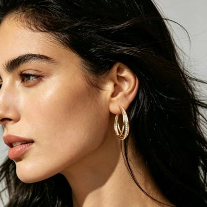 Parmuz 925 Sterling Silver Earrings Hoops for Women Ladies Simple Lightweight Twisted Medium Hoop Earrings With Cubic Zirconia Hypoallergenic Jewelry for Her - color: Gold