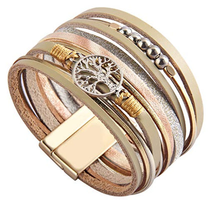 GelConnie Leather Wrap Bracelet Boho Cuff Bracelets Crystal Leather Bracelet Magnetic Multi Strand Bracelets Bohemian Bracelet Leather Wristbands Bangle Jewelry for Women Teen Wife Mother - color: Tree of Life Leather Bracelet