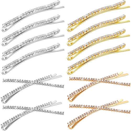12 Pieces Rhinestone Bobby Pins Decorative Fancy Crystal Hair Clips Shiny Metal X Shaped Barrettes Bling Diamond Wedding Bridal Shower Hair Accessories for Women Ladies Girls (Gold, Silver) - color: Gold, Silver
