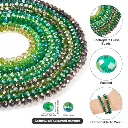 585Pcs Green Glass Rondelle Seed Beads 8x6mm Faceted Crystal Pony Kandi Waist Beads Kit Bulk Beads for Summer Crafts DIY Friendship Bracelets Jewelry Making Supplies