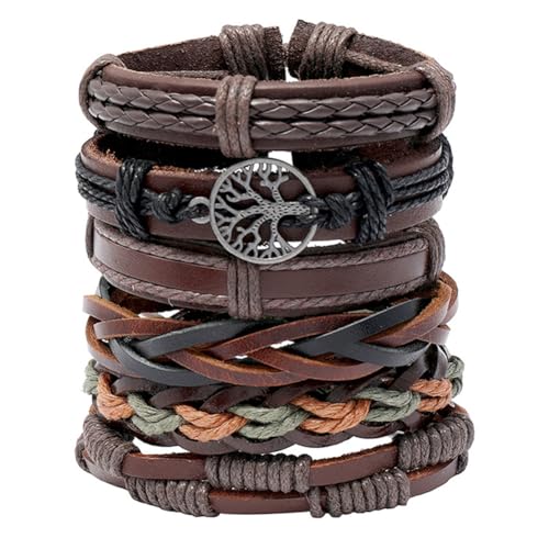 Leather Cuff Bracelet for Men Women, Multilayer Braided Wristband, Adjustable 6.5-9.5 Inches Wrap Bracelets Punk Gothic Grunge - color: Life Tree - 6Pcs