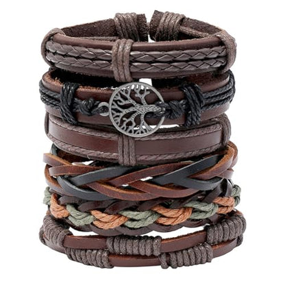 Leather Cuff Bracelet for Men Women, Multilayer Braided Wristband, Adjustable 6.5-9.5 Inches Wrap Bracelets Punk Gothic Grunge - color: Life Tree - 6Pcs