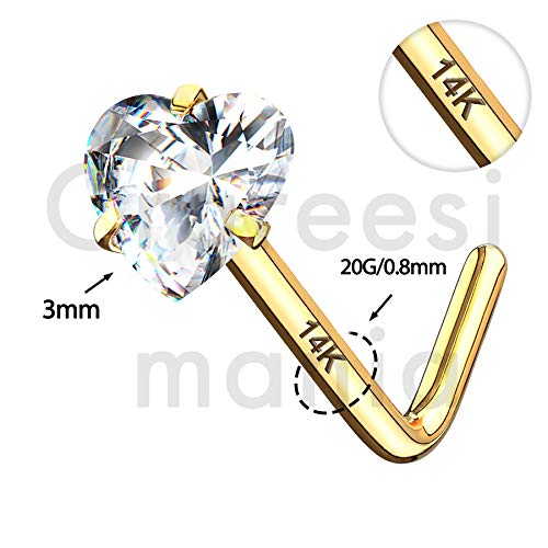 14K Real Gold Nose Studs 20G Nose Rings Studs L Shaped Nose Rings for Women Men Diamond CZ Nose Piercing - color: Yellow Gold-Heart CLCZ