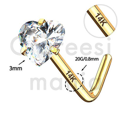 14K Real Gold Nose Studs 20G Nose Rings Studs L Shaped Nose Rings for Women Men Diamond CZ Nose Piercing - color: Yellow Gold-Heart CLCZ