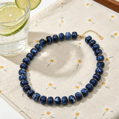 Chunky Colorful Beaded Necklace for Women Boho Summer Statement Resin Choker Necklaces Beach Jewelry Accessories - color: Navy Blue