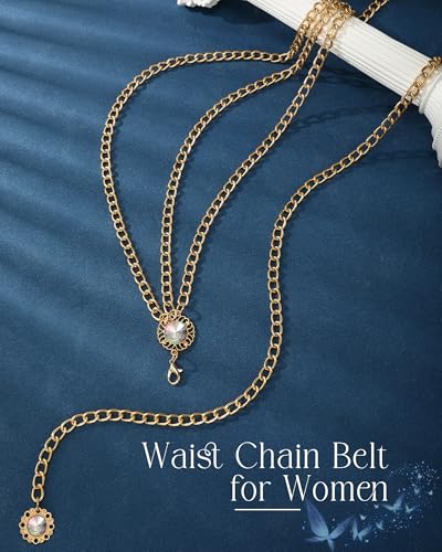 Chain Belt for Women Fashion Multilayer Metal Waist Chain Dress Belt Adjustable - size: Fit Waist Up to 46'', style: Diamond Gold