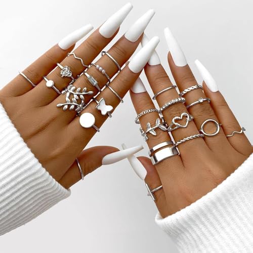 24 Pieces Knuckle Rings Set for Women, Vintage Stackable Finger Midi Rings Dainty Cubic Zirconia Crystal Simple Twist Hollow Cute Rings Pack Jewelry Gift - color: Silver