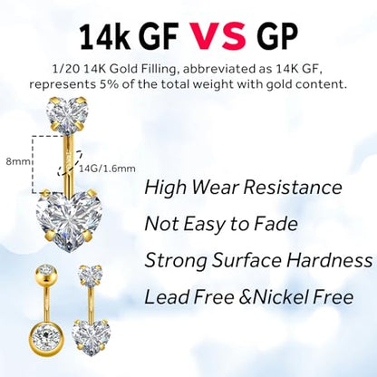 2pcs 14k Gold Filled Belly Button Rings, 14G 8mm/10mm/12mm Threaded Barbell Belly Button Piercing, Navel Ring Piercing Jewelry - color: 14K GF-2pcs-Heart CZ-8mm