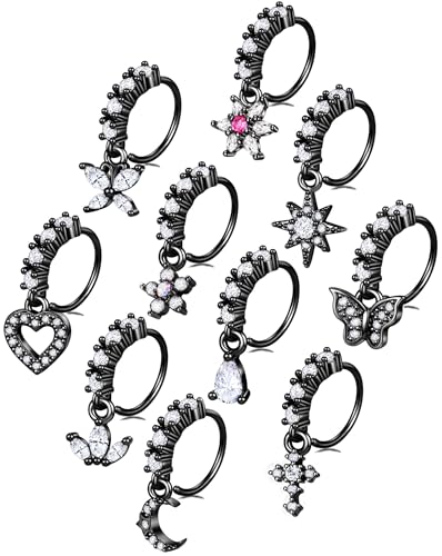 10Pcs Dangle Nose Rings Hoop Butterfly Heart Moon Flower Star CZ Cartilage Earring Dangling Nose Body Piercing Jewelry 20G Silver Rose Gold Black Tone - color: D:Black Tone