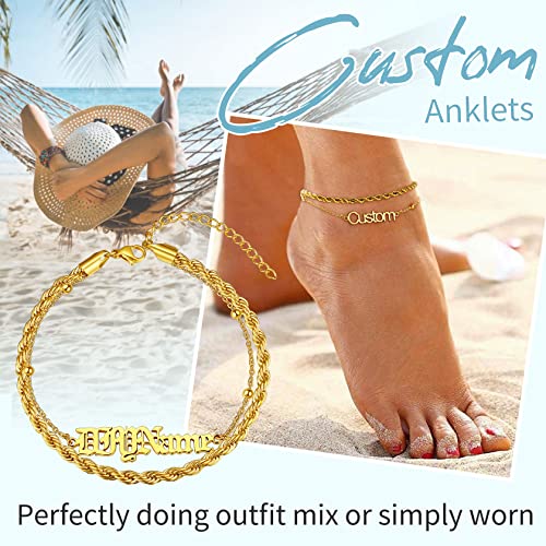 ChainsHouse Double Layer Anklet Bracelet for Women,Adjustable Chain Anklets Stackable Dainty Anklets,Stainless Steel/Gold Plated/Black Ankle Jewelry Gifts - color: B-Gold Plated-Rope Chain