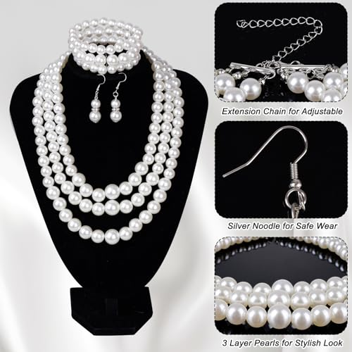 Jmkcoz 1920s Pearl Necklace Bracelet and Earrings Costume Jewelry Set for Women 80s Wedding Tea Party Gift