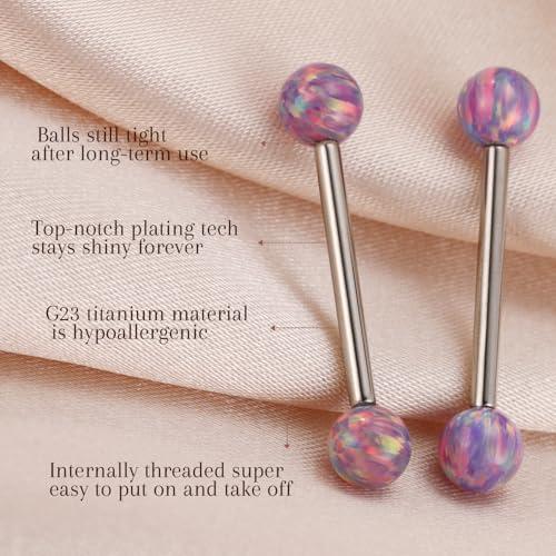 AROWRO Nipple Piercing Jewelry G23 Titanium Nipple Rings Tongue Rings Nipple Bar 14G Internally Threaded Straight Barbells Bridge Piercing Jewelry 12mm-20mm - color: Silver+Purple Opal