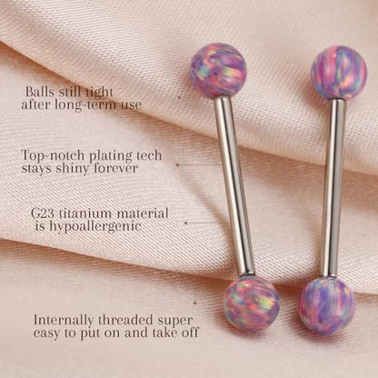 AROWRO Nipple Piercing Jewelry G23 Titanium Nipple Rings Tongue Rings Nipple Bar 14G Internally Threaded Straight Barbells Bridge Piercing Jewelry 12mm-20mm - color: Silver+Purple Opal