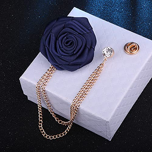 Fashion Bridegroom Wedding Brooches Cloth Art Hand-Made Rose Flower Brooch Lapel Pin Badge Tassel Chain Men's Suit Accessories - color: Navy blue