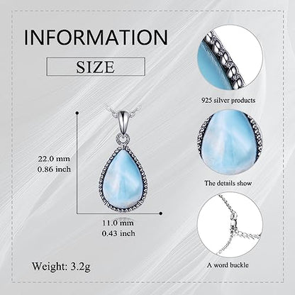 VONALA Sterling Silver Necklace Moss Agate/Turquoise/Larimar/Aquamarine/Opal/Black Onyx/Rose Quartz/Moonstone Pendant Teardrop Necklace Jewelry Gift for Women - style: Larimar