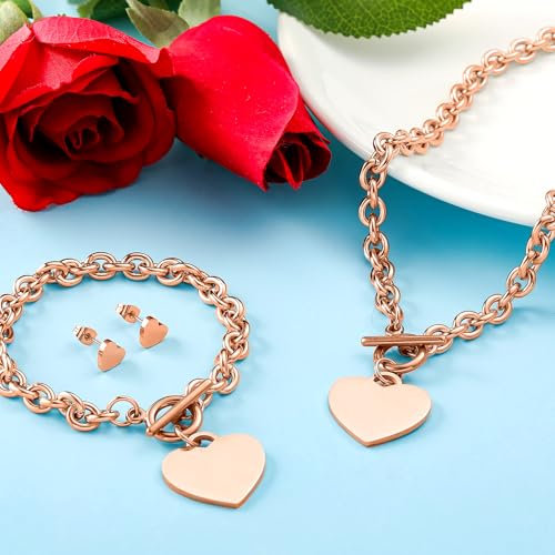 3 Pcs Heart Bow Snow Jewelry Set | Heart Necklace with Bracelet Earring, Snow Jewelry Set for Women, Bow Charms Toggle Gifts - color: Rose Gold, style: Stainless Steel Heart