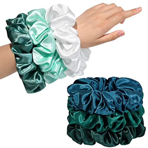 Large Silk Satin Scrunchies - Jumbo Hair Ties for Thick Curly Hair - Pack of 6 (Green) - color: Green, size: 1 Count (Pack of 6)