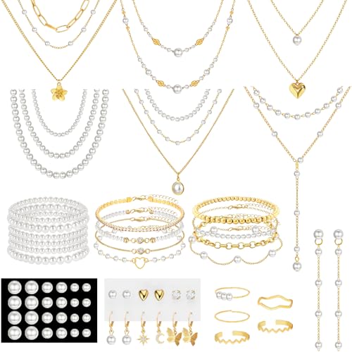 NEWITIN 68 Pieces Pearl Jewelry Set for Women Fashion Costume Jewelry Gold Plated Necklace Bracelet Ring Earrings Set for Women