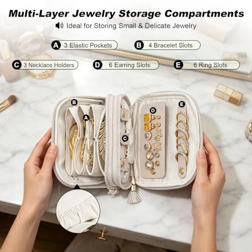 Travel Jewelry Case,2-Layer Jewelry Organizer,Gifts for Women Bride,travel jewelry box,travel jewelry pouch for Rings Earrings Necklaces Bracelets - Cream White