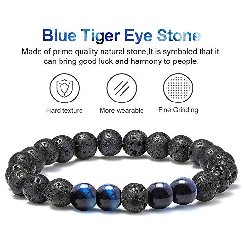 M MOOHAM Mens Bracelet - Beaded Natural Stone 8mm Tiger Eye Matte Agate Lava Rock Bracelets for Men Teen Boys Grandpa Dad Birthday Gifts Jewelry - style: Lava Rock Blue Tiger Eye Bracelets