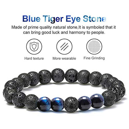 M MOOHAM Mens Bracelet - Beaded Natural Stone 8mm Tiger Eye Matte Agate Lava Rock Bracelets for Men Teen Boys Grandpa Dad Birthday Gifts Jewelry - style: Lava Rock Blue Tiger Eye Bracelets