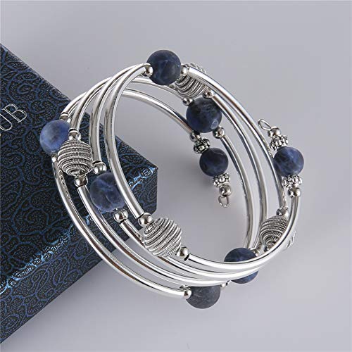 PEARL&CLUB Beaded Chakra Bangle Turquoise Bracelet - Fashion Jewelry Wrap Bracelet with Thick Silver Metal and Mala Beads, Birthday Gifts For Women - color: 63-Navy Blue