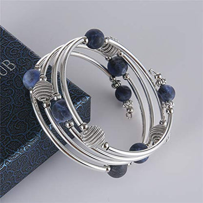 PEARL&CLUB Beaded Chakra Bangle Turquoise Bracelet - Fashion Jewelry Wrap Bracelet with Thick Silver Metal and Mala Beads, Birthday Gifts For Women - color: 63-Navy Blue