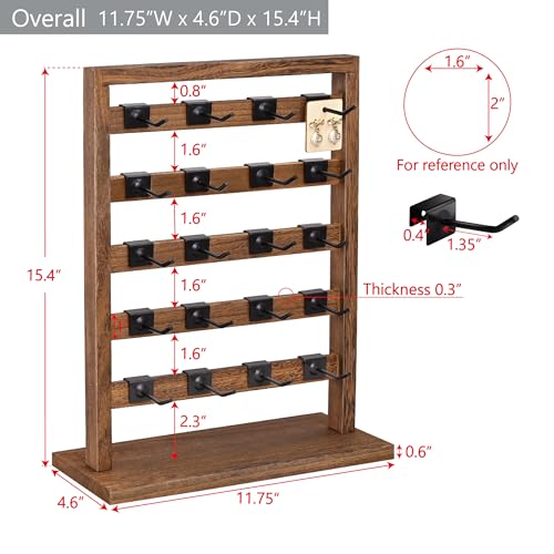 Ikee Design 5 Tiers Free Assemble Wooden Jewelry Display Rack with 20 Removable Metal Hooks,Earring Card Display Stand,Jewelry Organizer,Bracelet Organizer,Keychain Display Stand,Brown Color | Wooden 5 Tiers Jewelry Display Rack with Hooks: Comes with 20