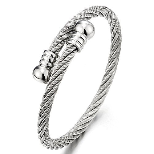 COOLSTEELANDBEYOND Elastic Adjustable Steel Twisted Cable Cuff Bangle Bracelet for Mens for Women - color: B-Metal Color: Silver