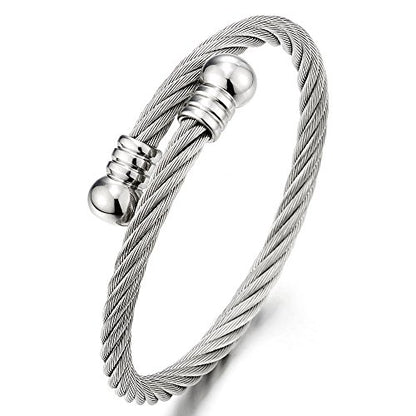 COOLSTEELANDBEYOND Elastic Adjustable Steel Twisted Cable Cuff Bangle Bracelet for Mens for Women - color: B-Metal Color: Silver