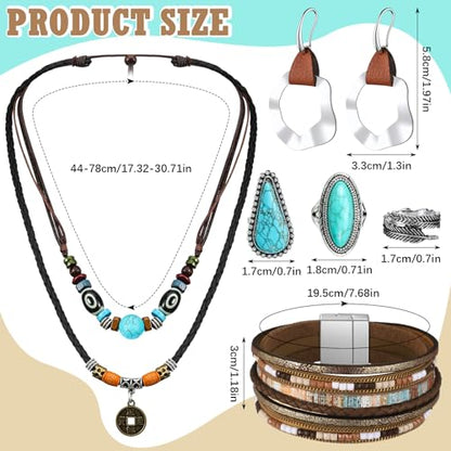 Ecally Bohemian Western Jewelry Turquoise Set Women Country Pendant Long Choker Layered Bracelets Earrings Ring for Women - color: Turquoise, style: Artistic