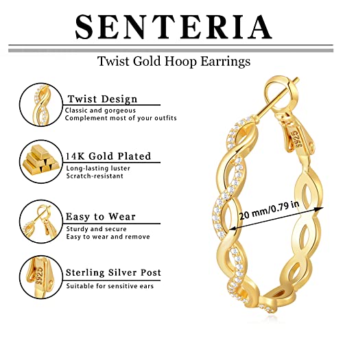 Senteria S925 Sterling Silver Post Twisted Hoop Earrings Hypoallergenic | Lightweight Silver Hoop Earrings AAAAA Cubic Zirconia Nickel Free for Sensitive Ears Twisted Hoops for Women Gifts 20-60MM - color: gold-20mm