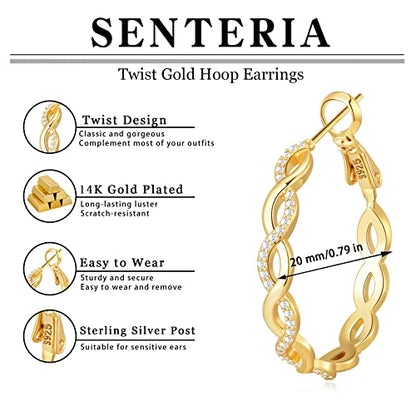 Senteria S925 Sterling Silver Post Twisted Hoop Earrings Hypoallergenic | Lightweight Silver Hoop Earrings AAAAA Cubic Zirconia Nickel Free for Sensitive Ears Twisted Hoops for Women Gifts 20-60MM - color: gold-20mm