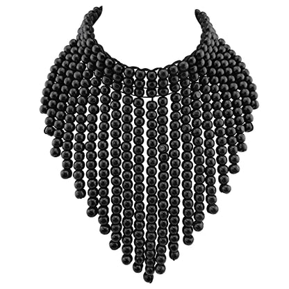 Coiris Boho African Wooden or Acrylic Beaded Bib Statement Necklace Strands Layered Cluster Chunky Collar Choker Wood Necklace for Women Fashion Costume Jewelry - color: N0065-Black