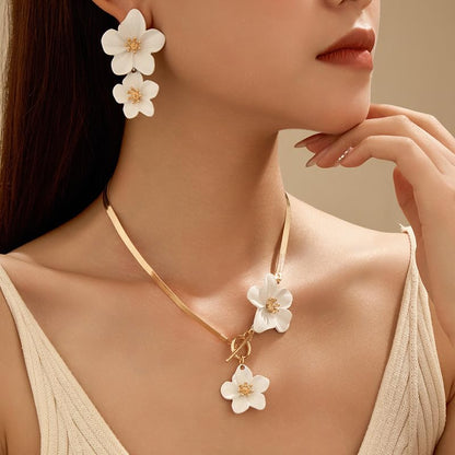 Colorful Flower Necklace Earrings Set for Women Gold Snake Chain Toggle Clasp Pendant Necklaces Dainty Double Flowers Statement Earrings Bridal Wedding Summer Beach Jewelry for Women - color: white