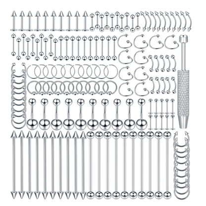 Oveta 150-151PCS Body Piercing Jewelry Lot 14G 16G 20G Stainless Steel Nose Lip Tongue Cartilage Tragus Eyebrow Industrial Barbell Belly Button Rings Piercing Kit Jewelry - style: 151pcs-Silver