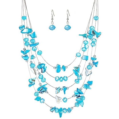Multi-Layer Boho Shell Beaded Necklace for Women Colorful Crystal Strand with Silver Beads Statement Collars Necklace and Earrings Costumes Jewelry Sets for Women - color: 45-Turquoise