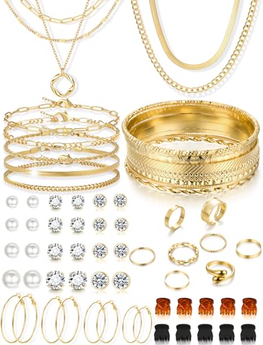 YEEZII 56 Pcs Gold Jewelry Set for Women with 5Pcs Layered Necklace, 5Pcs Layered Necklace, 12 Bracelets, 4 Hoop Earrings, 8 Stackable Rings, 10 hairpins, 12 Studs Earrings Jewerly set for Women - color: Gold-A
